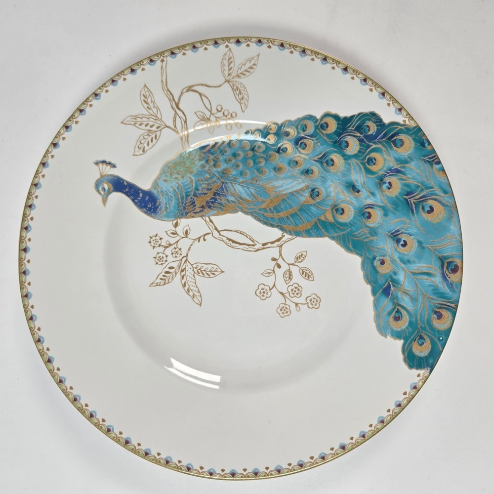 222 Fifth Peacock Garden Plate 10.75" White Blue Gold Porcelain Dinner